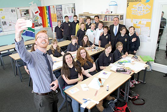 First Minister Alex Salmond joins KGS pupils for a 'selfie' following the school's official opening ceremony this morning. (www.theorcadianphotos.co.uk)