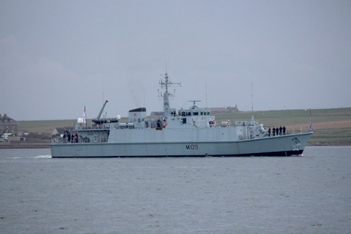 HMS Bangor arriving in Kirkwall Bay this morning. (Picture: Craig Taylor)