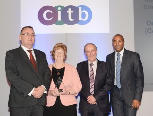 Pictured at the CITB Apprenticeship Awards ceremony in London, from the left, CITB’s customer services director Mike Bijali, Katherine and Charlie Kemp from Orkney Builders, and guest presenter and speaker Colin Jackson CBE.