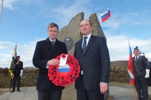 Andrey Pritsepov, Consul General of the Russian Federation in Edinburgh, accompanied by Vice-Consul Timofey Kunitskiy at the Arctic Convoys Memorial at Lyness today. (Picture: Craig Taylor)