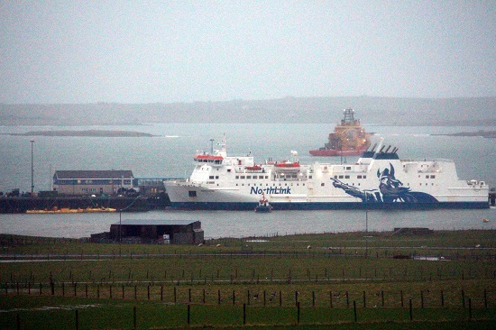 The Hjaltland pictured coming alongside Hatston Pier, assisted by the pilot boat Kirkwall Bay. (Picture: Craig Taylor)