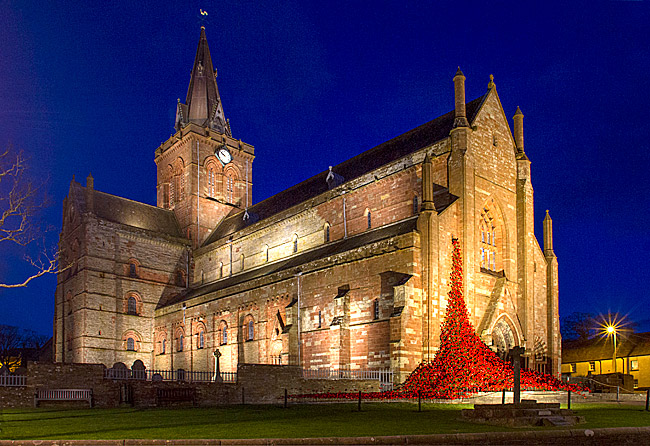 A night-time view of the The 'Weeping Window' installation at St Magnus Cathedral. (www.theorcadianphotos.co.uk)