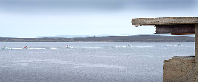 A convoy of Royal Navy fast patrol boats entering Scapa Flow on Friday, led by P270 HMS Bitter. (Frank Bradford)