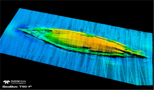 The Teledyne RESON Seabat T50P Multibeam Echosounder data is the first ever targeted geophysical image of the HMS Hampshire. This image shows the upturned hull of the vessel and the surrounding seabed.