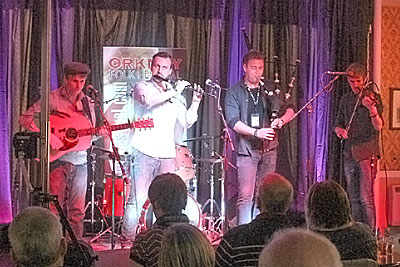 One of the visiting acts at this year’s Hoy Hoolie — energetic folk band Dosca, pictured here performing at the Orkney Folk Festival.
