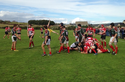 The referee signals Scott Rendall's second half try which came from a well worked line out drive.