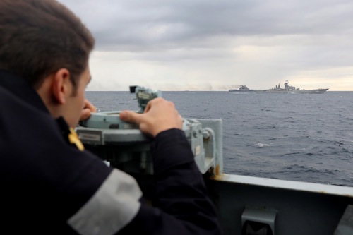 HMS Richmond, a Type 23 Duke Class frigate, sailed from the Shetland Islands after conducting routine training exercises and Maritime Security Operations, to escort the Russian Task Group which is understood to be on transit to the Mediterranean Sea. The Russian Task Group, which includes the sole Russian aircraft carrier, Admiral Kuznetsov, the nuclear powered Kirov Class Battlecruiser, Pyotr Velikiy and two Udaloy Class Destroyers, Vice Admiral Kulakov and Severomorsk sailed from Russia on Saturday 15 October 2016. Pictured Royal Navy lookout, observing the Russian task group during transit.