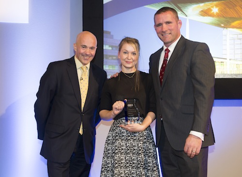 Orkney Mason Sophie Turner, with CITB CEO Adrian Belton (left), and Presenter, Phil Vickery.