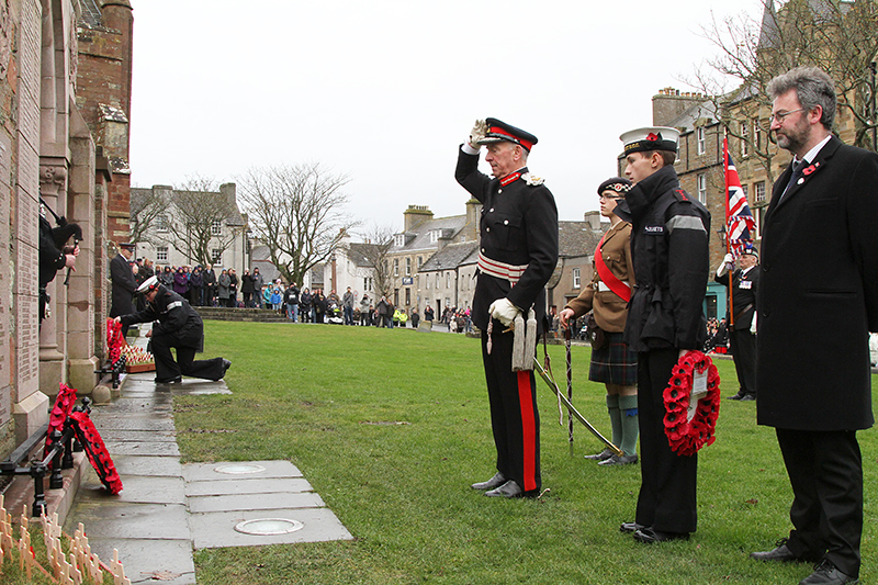 Lord-Lieutenant of Orkney Bill Spence and Orkney Islands Council Convener Steven Heddle were the first to lay tributes at the ceremony. (www.theorcadianphotos.co.uk)