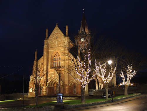 St Magnus Cathedral, iM Kirkwall, with the new lighting on the trees.