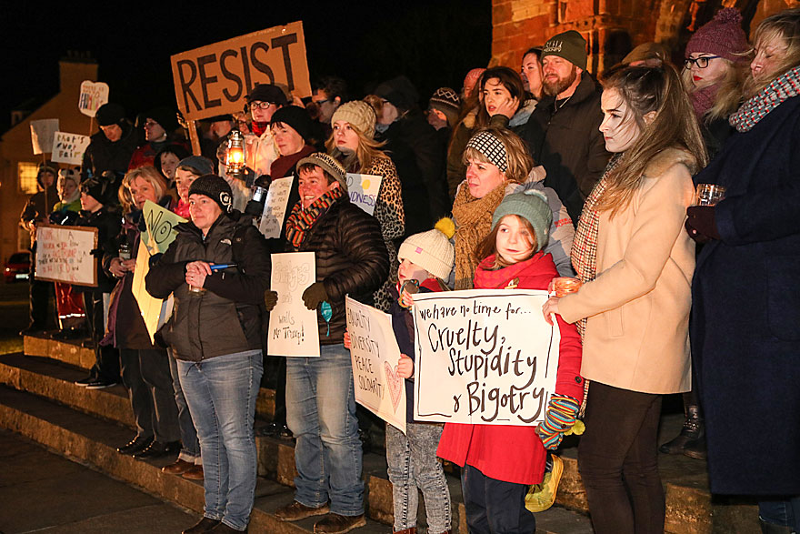 Some of the protestors against the US ban immigration ban outside St Magnus Cathedral. (www.theorcadianphotos.co.uk)